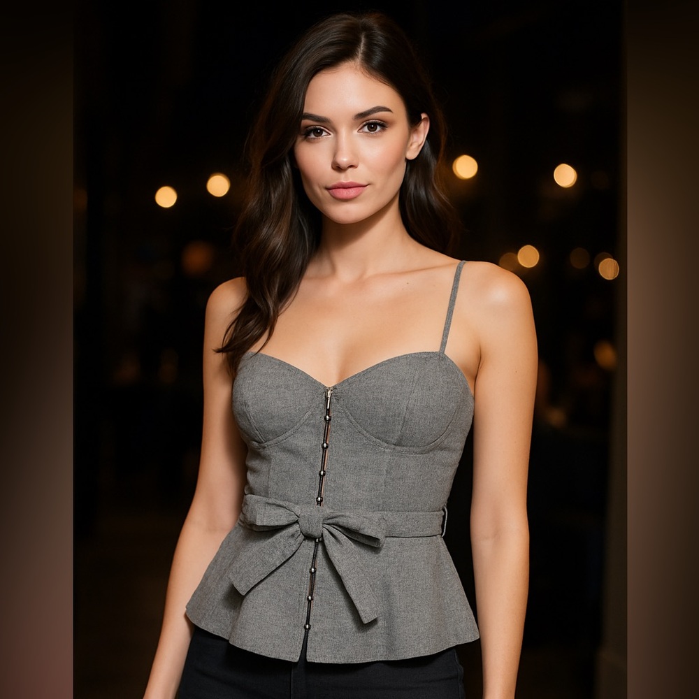 NU gray bustier-style top with a belt wool silk